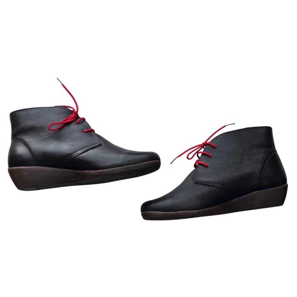BellaTrix Black Leather Ankle Boots Red Laces NEW Rubber Soles Round Toes 8.5